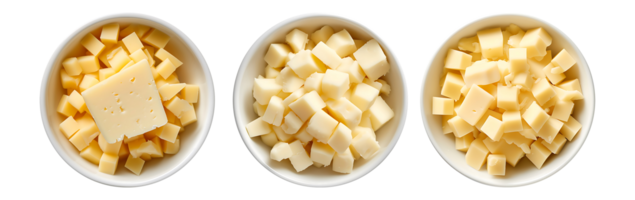 Cheese on white bowl, top view with transparent background, Technology png