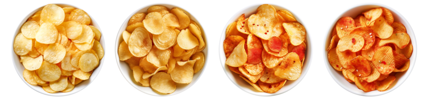 Potato chips on white bowl, top view with transparent background, Technology png