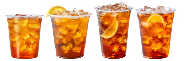 Ice tea on plastic cup with lemon, side view with transparent background, Technology png