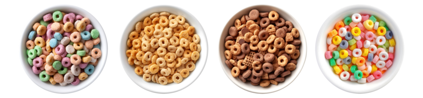 Set of various breakfast cereals in bowl, top view with transparent background, Technology png