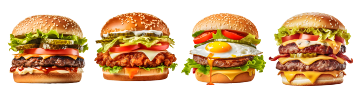 Fresco de conjunto sabroso hamburguesa, frito huevo, doble carne de res, frito pollo, lado ver con transparente fondo, generativo ai tecnología png