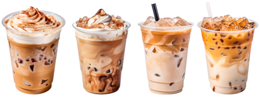 Cold brewed iced latte coffee on plastic cup, side view with transparent background, Generative AI Technology png