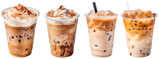 Cold brewed iced latte coffee on plastic cup, side view with transparent background, Generative AI Technology png