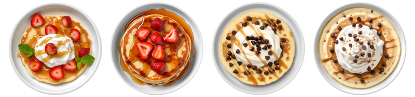 Pancake with whipping cream, strawberry, and chocochip topping on Toast bread on white plate, top view with transparent background, Technology png