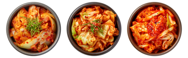 Corea alimento, chino repollo kimchi en negro bol, parte superior ver con transparente fondo, generativo ai tecnología png