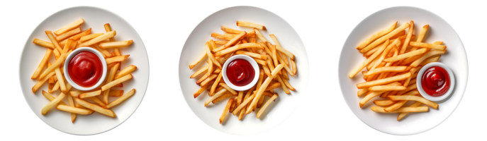 French fries with ketchup on white plate, top view with transparent background, Technology png