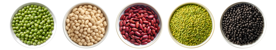 Soybean, mung beans, black soybeans, red beans, peas in bowl, top view with transparent background, Technology png