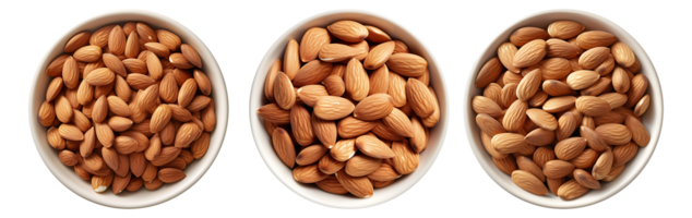 Roasted almond nut in bowl, top view with transparent background, Technology png