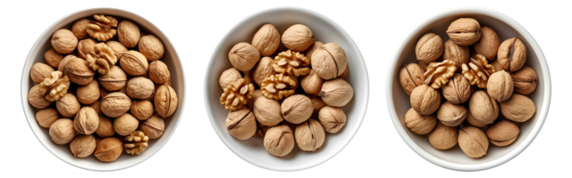 Walnuts on white bowl, aerial view with transparent background, Technology png