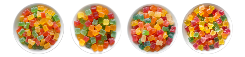 Gummy Candy on white bowl, aerial view with transparent background, Technology png