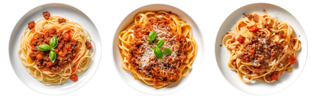 Pâtes spaghetti bolognaise sur blanc bol, Haut vue avec transparent arrière-plan, génératif ai La technologie png