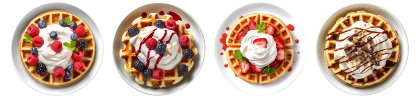 Waffeln mit Erdbeere, Schokolade Chip und Beeren Belag auf Weiß Platte, oben Aussicht mit transparent Hintergrund, generativ ai Technologie png