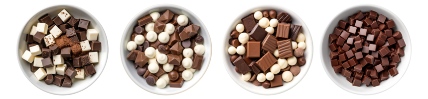 Chocolate on white bowl, top view with transparent background, Technology png