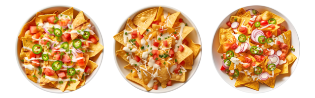 Corn chips nachos on white bowl, top view with transparent background, Technology png