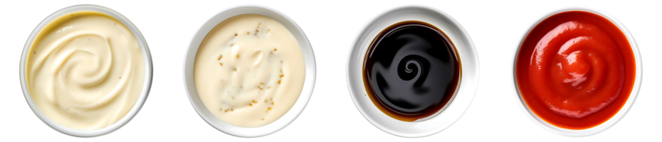 Mayonnaise, Bechamel, Soja Soße, Ketchup auf Weiß Schüssel, oben Aussicht mit transparent Hintergrund, generativ ai Technologie png