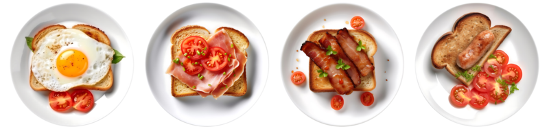Toast bread with pork belly, egg, ham, sausage on white plate, top view with transparent background, Generative AI Technology png