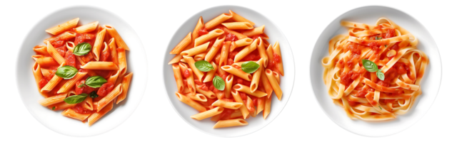 Penne pasta in tomato sauce on white bowl, top view with transparent background, Technology png