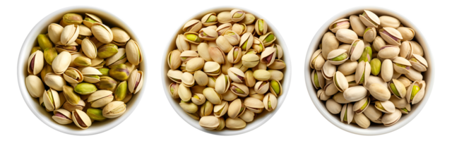 Pistachios on white bowl, aerial view with transparent background, Technology png