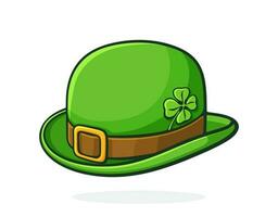 Cartoon illustration. Isometric view of green retro bowler hat with golden buckle and clover. Saint Patrick's Day symbol. Graphic design with contour. Isolated on white background vector