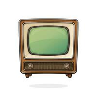 Vector illustration. Analogue retro TV with wooden body, signal and channel selector. Vintage television box for video translation. Outline clip art for graphic design. Isolated on white background