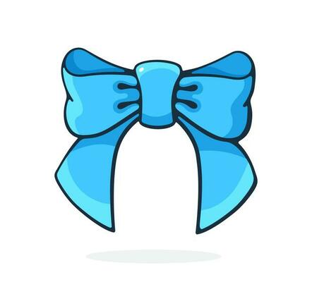 Cartoon illustration. Blue bowknot ribbon. Hair accessory for girls. Graphic design with contour. Clip-art print for packaging, showcase, greeting card. Isolated on white background