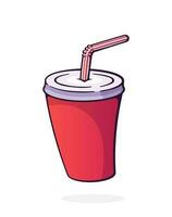 Disposable paper cup with soda and straw. Glass with carbonated cold drink. Film industry and fast food symbol. Cartoon vector illustration with outline. Clip art Isolated on white background