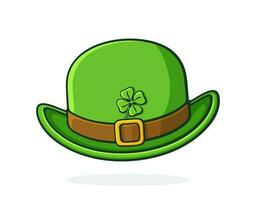 Cartoon illustration. Front view of green retro bowler hat with golden buckle and clover. Saint Patrick's Day symbol. Graphic design with contour. Isolated on white background vector