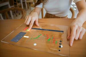 Businesswoman using transparent futuristic tablet technology planning, strategy, Stock market. working in cafe. Technical price graph, indicator, red and green candlestick chart, stock trading screen photo