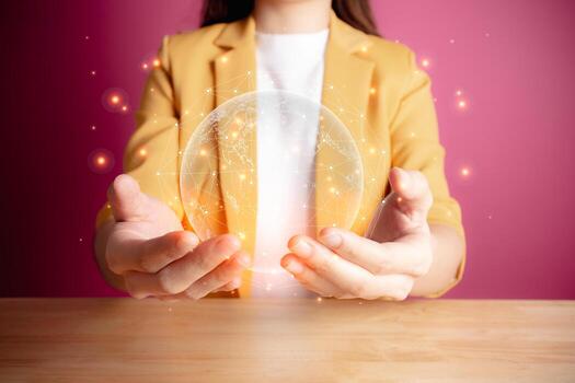 Businesswoman holding Global network connection. Big data analytics and business intelligence concept. World map point and line composition concept of global business. Digital link tech. photo