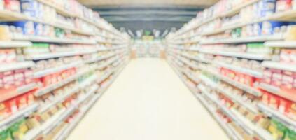supermarket aisle and shelves interior blurred background photo