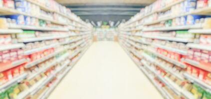 supermarket aisle and shelves interior blurred background photo