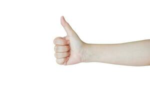 Woman hand gesture thumb up sign isolated on white background photo