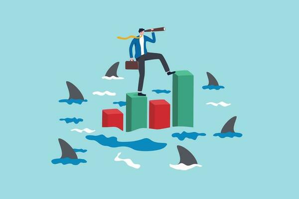Risk management for investment or stock trading, crypto currency or economic, market volatility or uncertainty challenge, investment strategy concept, businessman with telescope on risky graph.