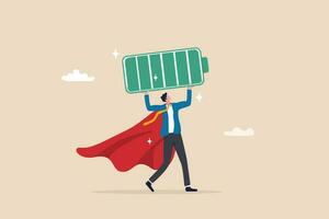 Full battery recharge, full energy to work or refresh from exhaustion, burnout recover, fuel employee or productive and efficient concept, energetic businessman superhero carry full recharge battery. vector