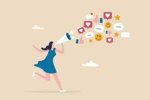 PR, public relation or marketing communication, advertising campaign or social media marketing, online promotion or email newsletter concept, young woman PR speak on megaphone on social media. vector