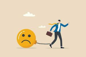 Stressed burden, anxiety or negative thinking, anger or emotional causing problem, mental health or depression, overworked or overwhelmed concept, depressed businessman chain with sad face burden. vector