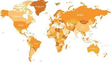 político mundo mapa vector ilustración con diferente tonos de naranja para cada país y país nombres en español. editable y claramente etiquetado capas.