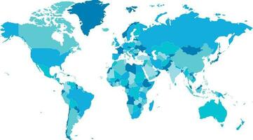 Political blank World Map vector illustration with different tones of blue for each country. Editable and clearly labeled layers.
