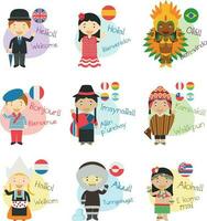 Vector illustration set of cartoon characters saying hello and welcom in 9 languages spoken in America