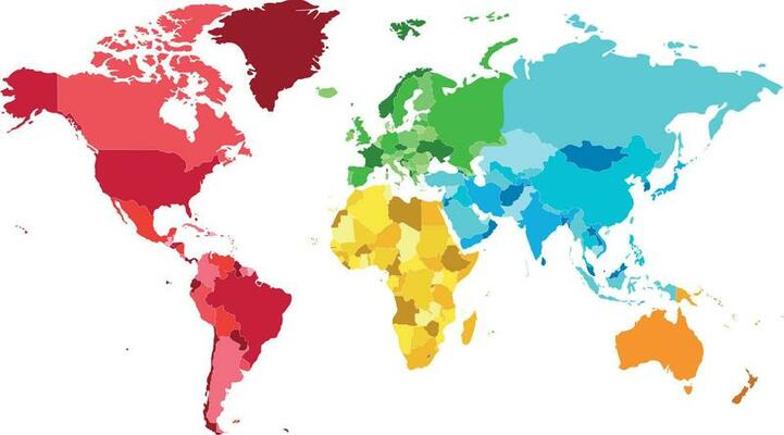 Political blank World Map vector illustration with different colors for each continent and different tones for each country. Editable and clearly labeled layers.
