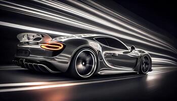 Modern sports car speeds through dark curve , photo