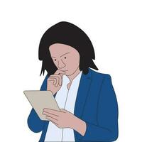 free colorful line art illustration, business woman doing work with the user tablet vector