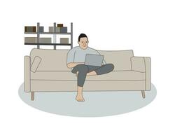 continuous line drawing of man work from home at sofa with laptop. vector