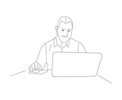 Free Businessman working with computer isolated vector illustration outline hand drawn doodle line art