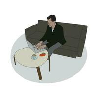 Line art of a man sitting on a sofa, working on a laptop vector