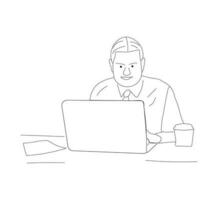 Free Businessman working with computer isolated vector illustration outline hand drawn doodle line art