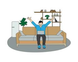 Business man working on a sofa using laptop from home flat coloring line art minimal illustration vector