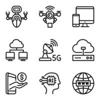 technology line icons. artificial intelligence, database, server, automated, robot, drone, monitor, software, tech, innovation, desktop, camera, signs, storage, connect, system, website vector