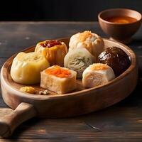 Korean dimsum food on a wooden plate , photo
