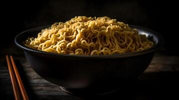 original Japanese ramen noodles in a black bowl , photo